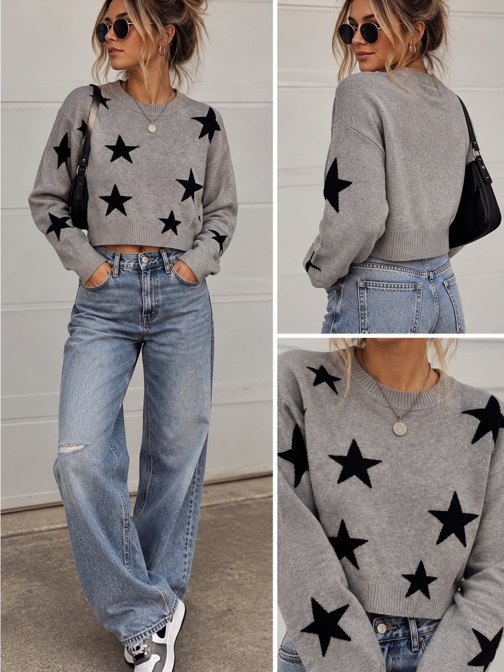 Madden Girl Gray Black Star Cropped Knit Sweater Size Medium Y2K